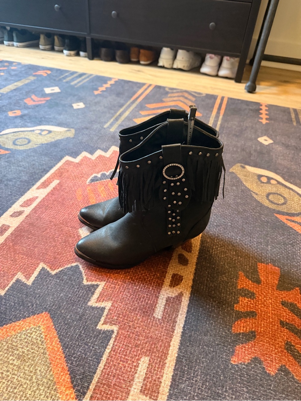 Sterling River Studded Fringe Western Ankle Boots - Black